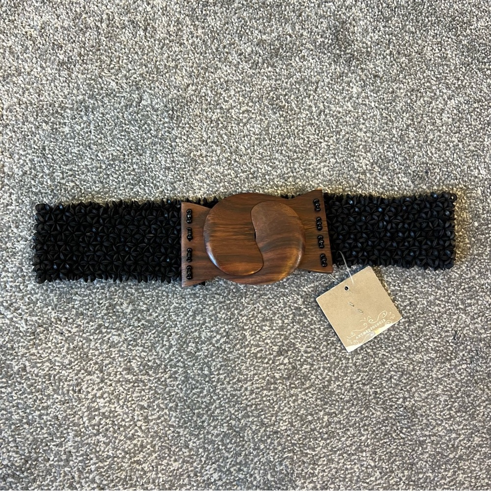 Anthropologie Black Woven Belt with Wooden Buckle - Picture 3 of 12
